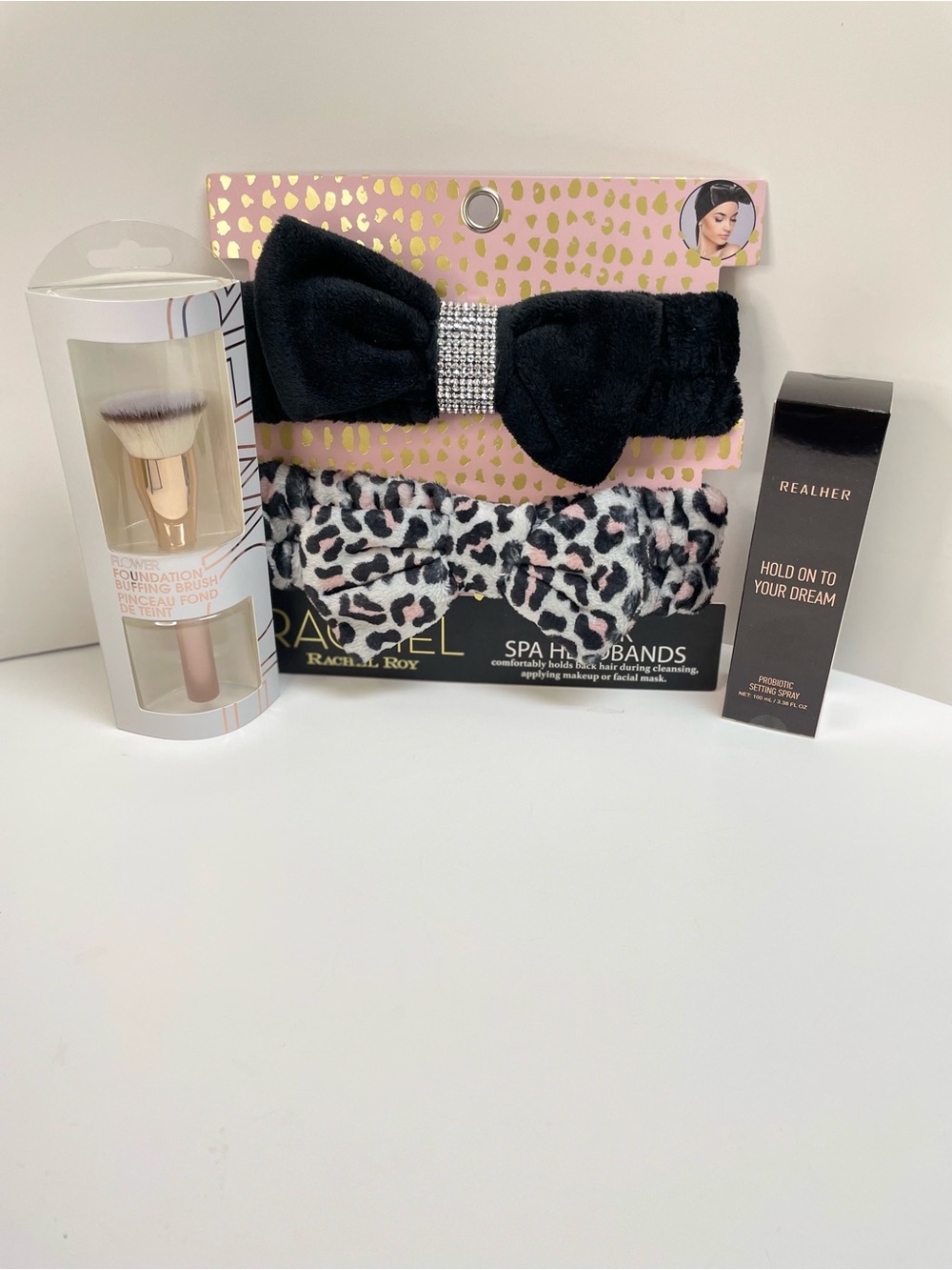 RACHEL Roy Black Bow & Pink Leopard Spa Headband Set-Makeup Brush Setting Spray